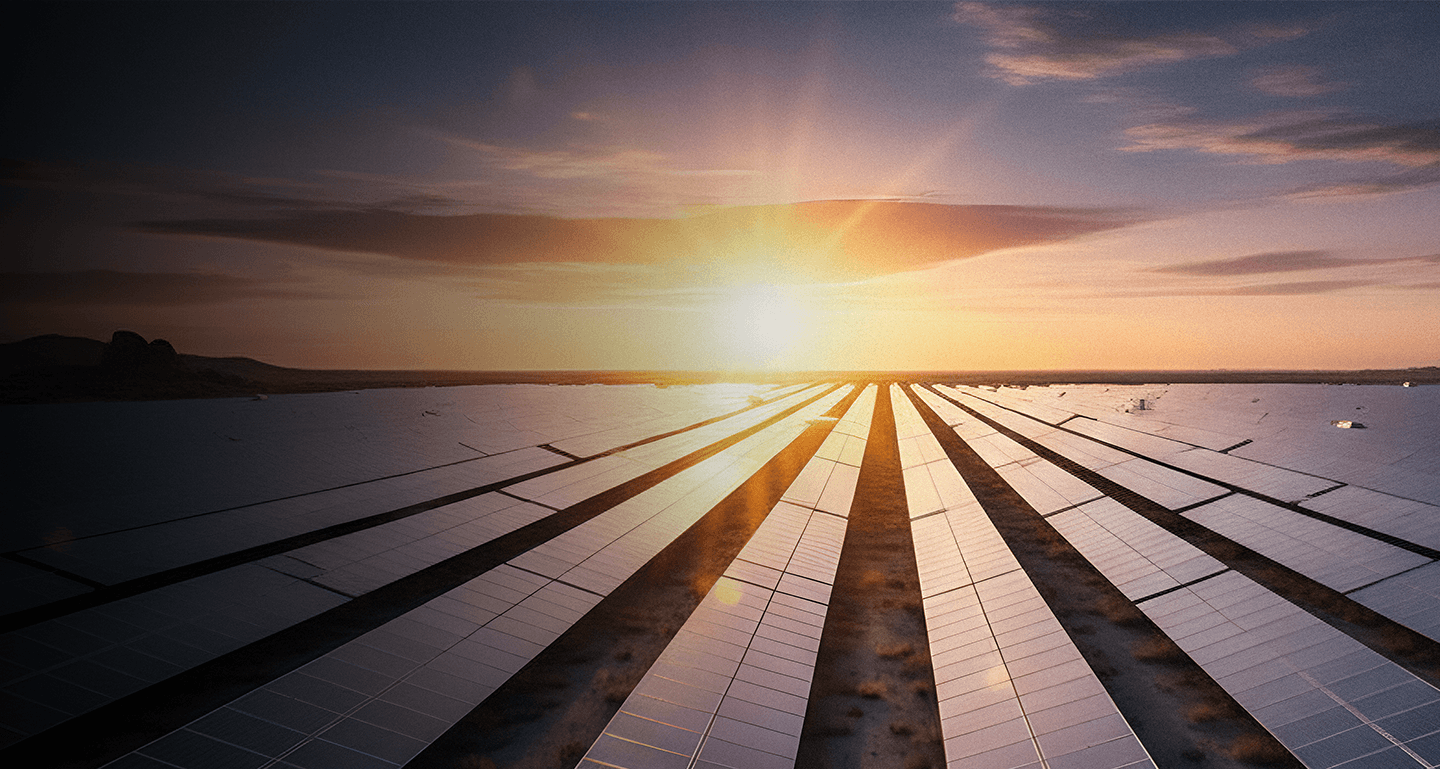 Solar power plant at sunrise